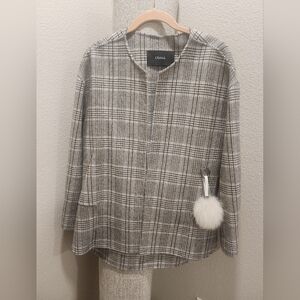 Chic Plaid Wool Jacket with Fur Pom